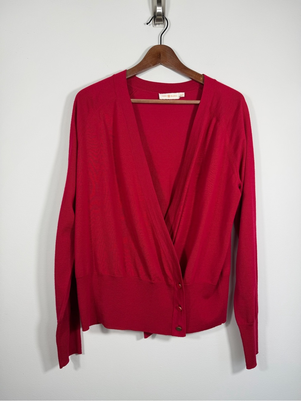 Tory Burch Red 100% Merino Wool Wrap Cardigan Gold Logo Buttons XL